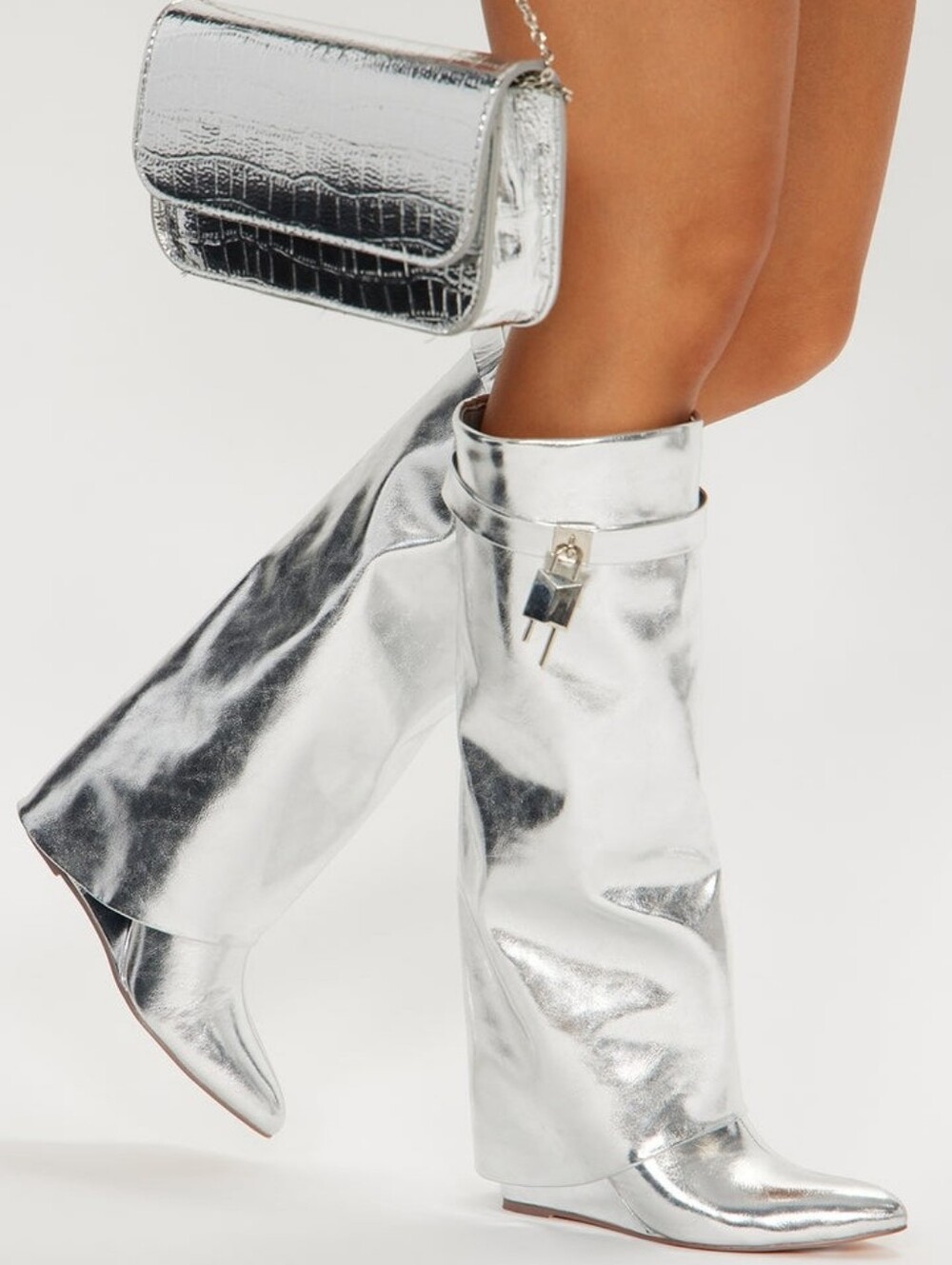 Metallic Silver Knee-High Wedge Boots - Women Shoes
